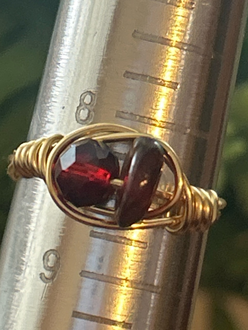 💍 Handcrafted red tourmaline gold tone copper wire wrapped crystal ring size 8.5